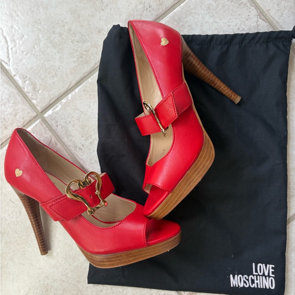 Love Moschino Red Heart Buckle Heels